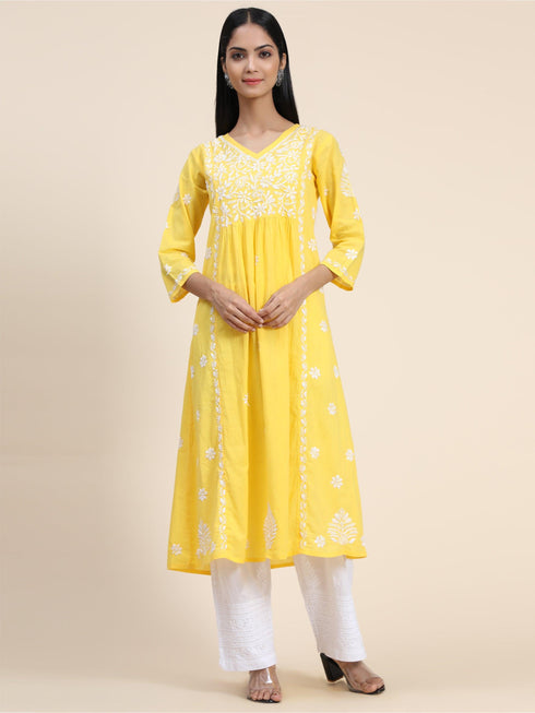 Hand embroidery Chikankari V Neck Anarkali Dress | Long Kurti in Cotton For Women